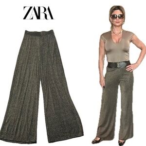 Zara black gold metallic knit semi sheer high rise wide leg pants Sz S NWOT